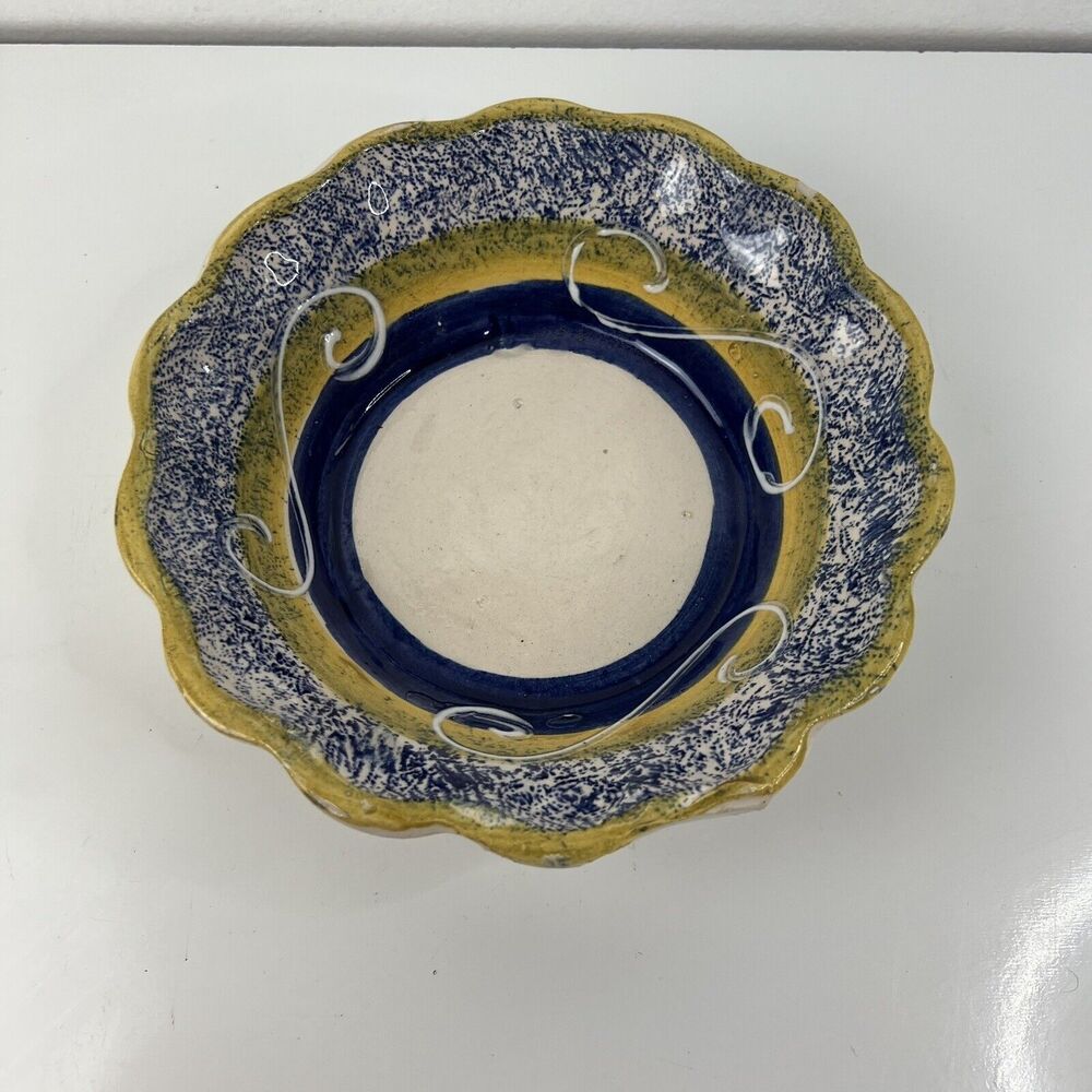 Handmade Hand painted Ceramic Bowl Yellow And Blue With Swirls Made In Mexico